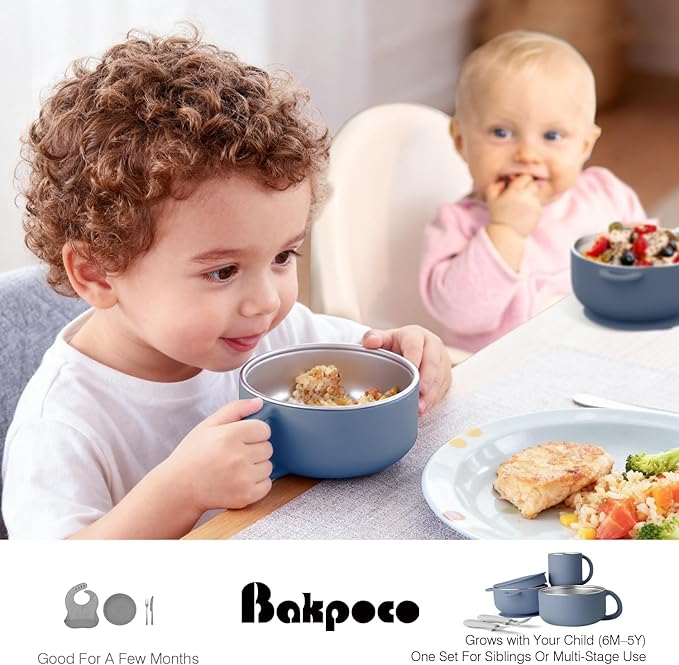 Bakpoco Kids Dinnerware Set - 6 Piese Toddler Plates and Suction Bowls Set with Kids Utensils&Cup, 2 IN 1 Stainless Steel & Silicone Baby Self Feeding Supplies, Navy