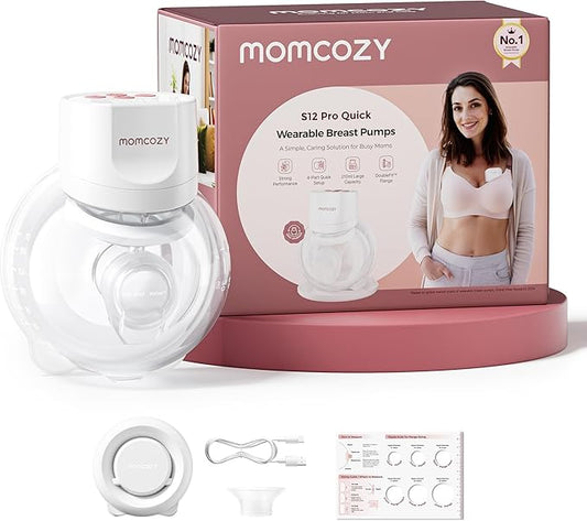 Momcozy Breast Pump S12 Pro Quick, Hands-Free Wearable & Wireless Pump, with DoubleFit Hybrid Flange, 3 Modes & 9 Levels Electric Pump Portable, Smart Display, 24mm Flange, 1 Count, Cozy White