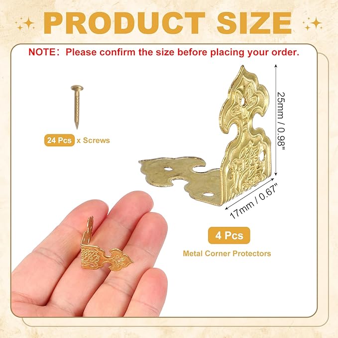 uxcell 4Pcs L Shaped Vintage Embossing Brass Decorative Corner 1 x 0.7 Inch Corner Protector with Mounting Nails Box Edge Guard Retro for Cabinets Furniture Decorative (Brass)