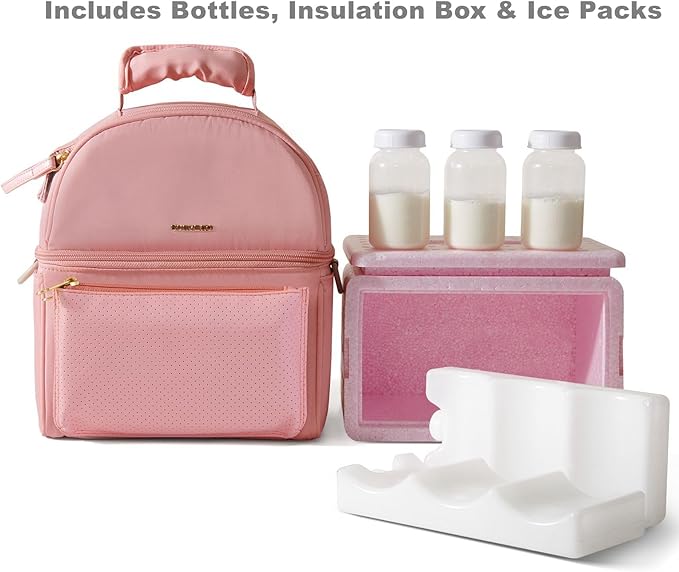 SUNVENO Breast Milk Cooler Bag with Detachable Insulation Box, Double-Layer Pumping Travel Bag for Work & Daycare, Fits Bottles, Ice Packs and Pump Parts,Pink