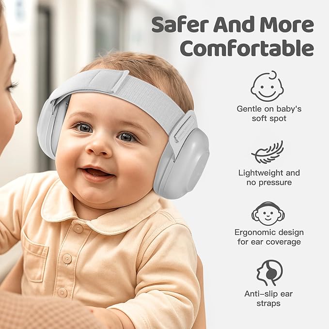 Orzbow Baby Headphones for Noise, Baby Ear Muffs Noise Protection for Newborn Toddler 3-48 Months - CE & ANSI Certified, Adjustable Infant Ear Protection for Travel Sleep, 25dB Sound Reduction, Gray