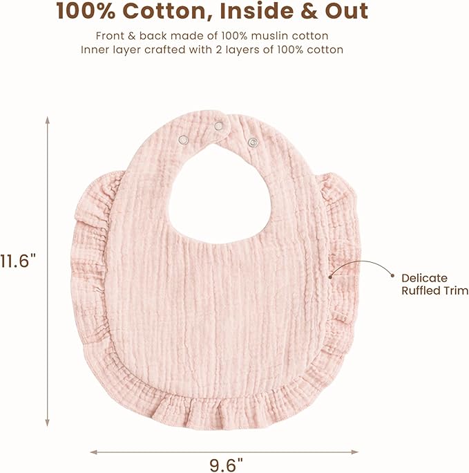Konssy Muslin Baby Bibs for Girls – Soft 100% Cotton Drool Bibs, Ruffle Trim for Newborns & Toddlers 0-36 Months 3-Pack