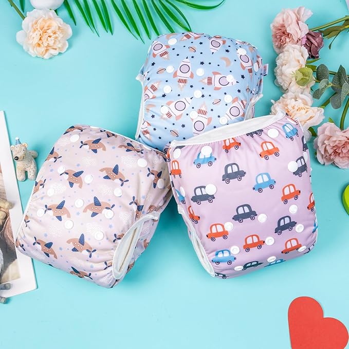 ALVABABY 3 Pack Large Swim Diapers Baby/Toddler/Infant Snap Adjustable Reusable Swimming Diaper Baby for Boy and Girl 3ZSWY37