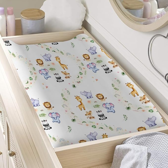Changing Pad Cover Cute Jungle Safari Animals Tropical Leaves Flowers Changing Table Cover for Baby Boys Girls Ultra Soft Breathable Stretch Fitted Changing Table Sheets 32''x16''