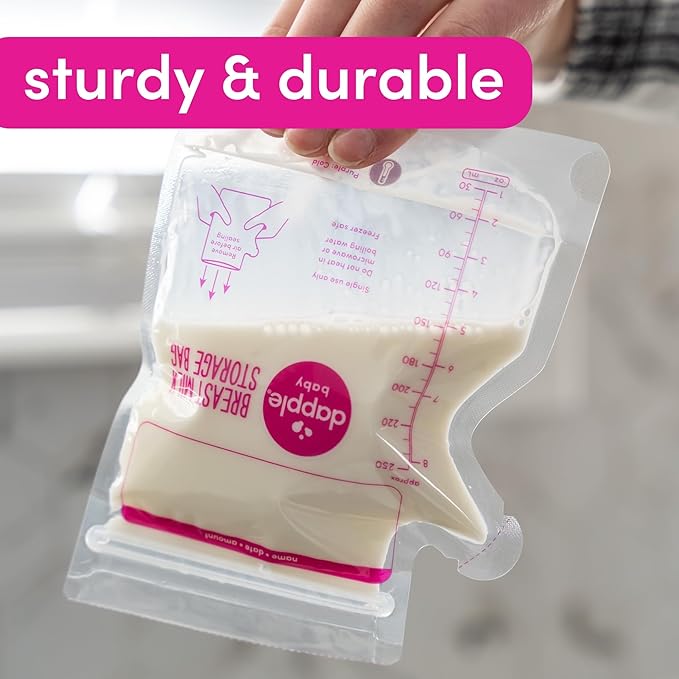 Dapple Breast Milk Storage Bags with East Pour Spout, Leakproof Double Zipper, BPA-Free, Pre-Sterilized, Temperature Sensor, Freezer-Safe, Pump Directly Into Bag, 8oz, 100ct