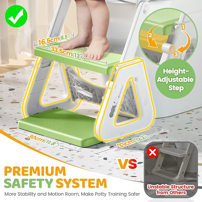 Orzbow Potty Training Seat | Upgrade Toddler Potty Training Toilet with Step Stool, 2-in-1 Stability Toilet Seat for Boys Girls | with Splash Guard, Anti-Slip Pad, Ladder, and Height Adjustable, Green