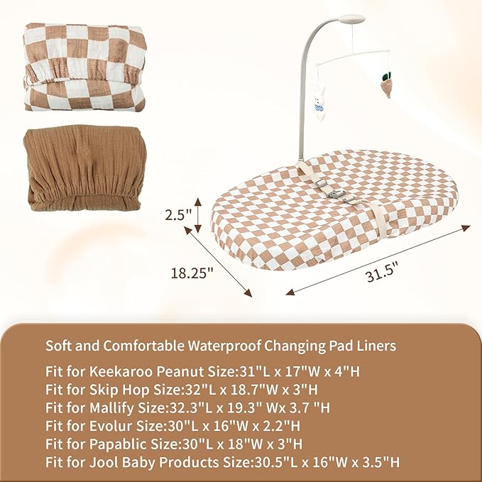 2 Pack Changing Pad Cover for Girls Boys,Lovely Soft Breathable Cotton Changing Table Cover,Unisex Baby Diaper Change Table Pad Covers.Fit 32"x16" Contoured Pad（Checkerboard,Brown）