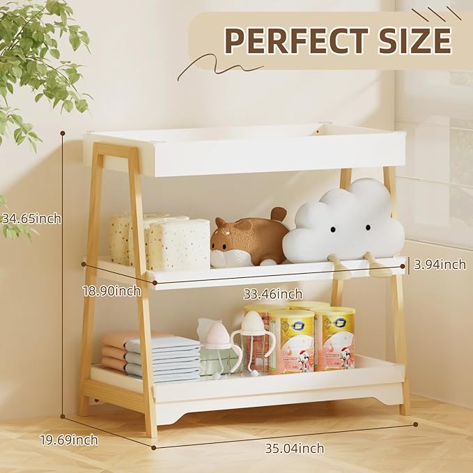 KORIMEFA Baby Changing Table with Two Open Shelves for Infant Daycare Essentials Storage - White with Natural Wood Legs