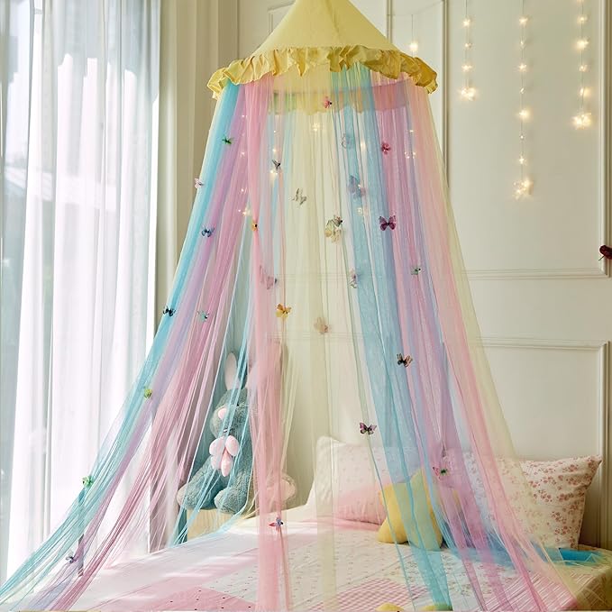 Yellow Rainbow Bed Canopy with Butterflies for Girls,Breathable Canopy Bed Curtain for Bed,Princess Play Tent for Kids Room Reading Nook