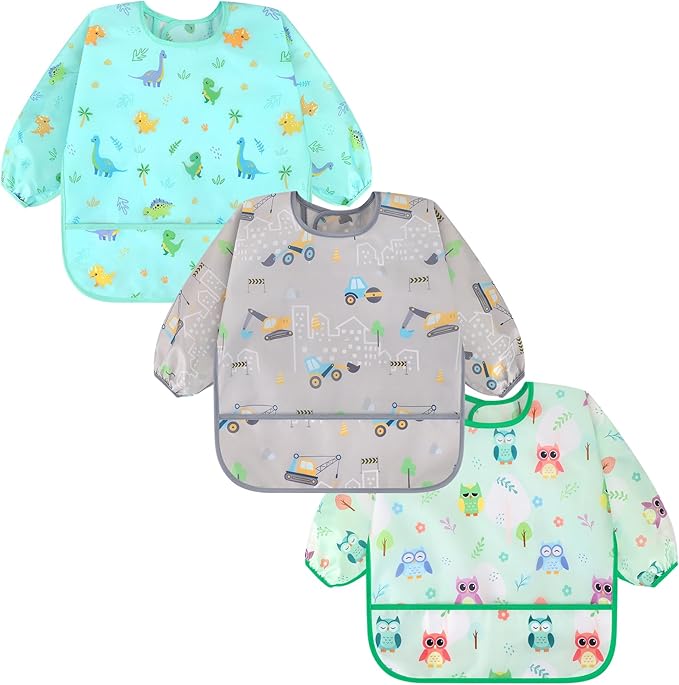 Accmor 3 Pack Long Sleeve Bibs, Baby Smock Waterproof Sleeved Bib Smock for Baby Toddler 6-36 Months