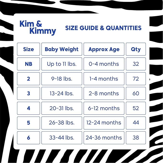 Kim & Kimmy Eco Diapers, Size 3, 13-24 lbs, 60 Diapers - 12 Hour Leak Protection, No Rashes, Hypoallergenic, Ultra-Soft & Highly Absorbent - Cruelty Free & Vegan - Zebra
