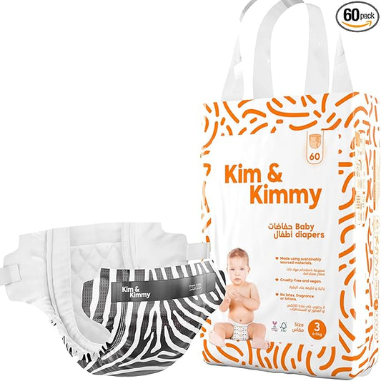 Kim & Kimmy Eco Diapers, Size 3, 13-24 lbs, 60 Diapers - 12 Hour Leak Protection, No Rashes, Hypoallergenic, Ultra-Soft & Highly Absorbent - Cruelty Free & Vegan - Zebra
