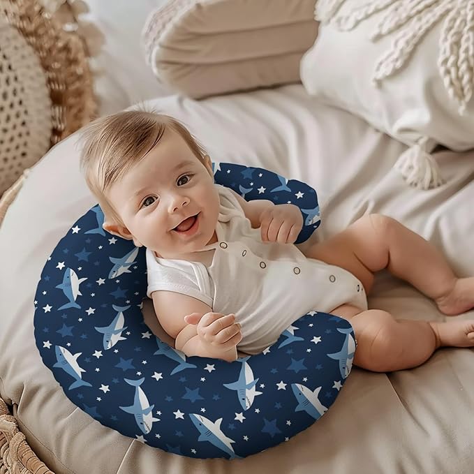 Cartoon Ocean Animals Sharks Stars Pattern Nursing Pillow Cover, Unisex Removable Breastfeeding Pillowcase Slipcover for Baby Girls Boys Newborns Toddlers, Cover Only