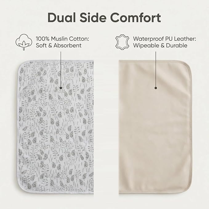 Baby Diaper Changing Pad, 19.7"x25.6" Waterproof Changing Pad Liners with 100% Muslin Cotton Front Top and Leather Back, Soft and Absorbent Portable Changing Mat for Travel, Changing Station