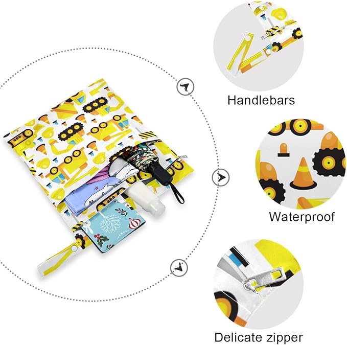 susiyo 2 Pcs Wet Dry Bag Construction Trucks Waterproof Reusable Baby Cloth Diaper Wet Bags with 2 Zipper Pockets for Breast Pump Parts Travel Beach Pool Gym Yoga Swimsuits Wet Clothes