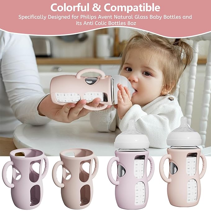 4 Pack Silicone Sleeves for Avent Natural Glass Bottles, Anti Breakage Baby Bottle Protector with Easy-Grip Handle, Compatible with Philips Avent Glass Natural Bottle 8 oz, Not for Infant Use