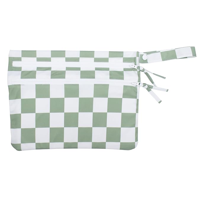 BapronBaby Floral/Nature Wet Dry Bag - Waterproof Two Zipper Pockets - Reusable for Mealtime, Diapers, Stroller, Snacks, Swimsuits 11" x 9" (Sage Checkerboard, 11" x 9")