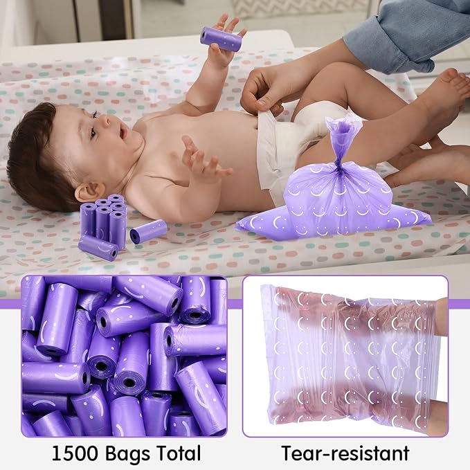 1500 Count Diaper Disposable Bags for Baby Diaper Sacks Baby Powder Scent Disposal or Pet Waste Bags, 100 Rolls(Purple)