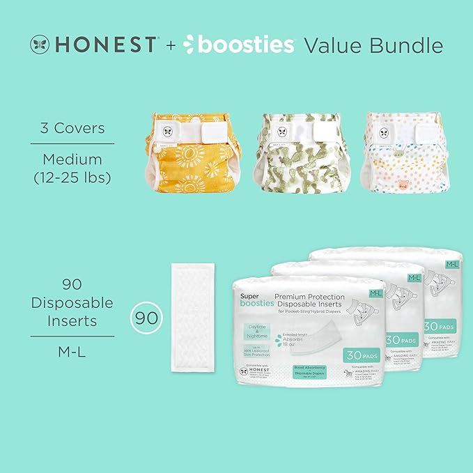 Super Boosties 90ct + Honest Hybrid Cloth Diaper Cover with Pocket-Sling, Medium (12-25 lbs), Stops Nighttime Leaks, Boosties Disposable Diaper Inserts, Honest Cotton Muslin Covers, 3 Pack