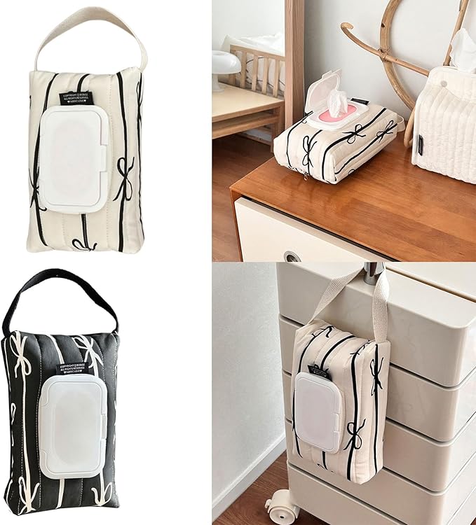 Travel Friendly Wet Wipe Storage Case Quilted Sturdy Cotton Storage Bag With Fashionable Stripe And Bowknot Detail