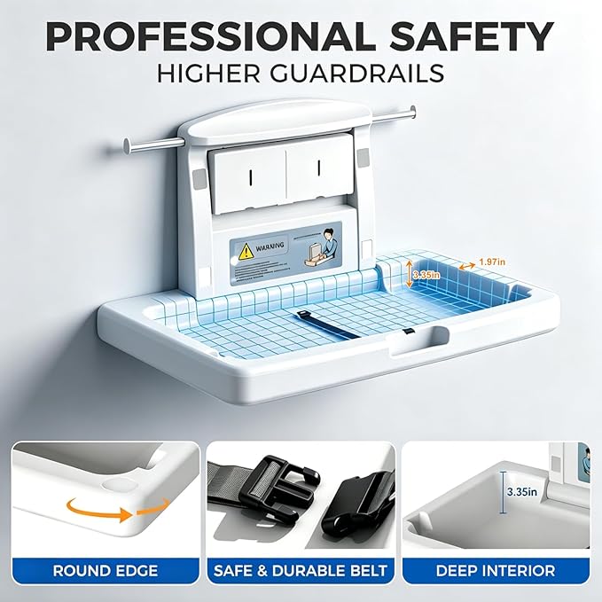 Commercial Baby Changing Station Wall Mounted Fold Down Diaper Changing Table for Public Restrooms, HDPE Changing Station with Safety Strap, Storage Shelf & Bag Hooks, Supports Up to 45lbs