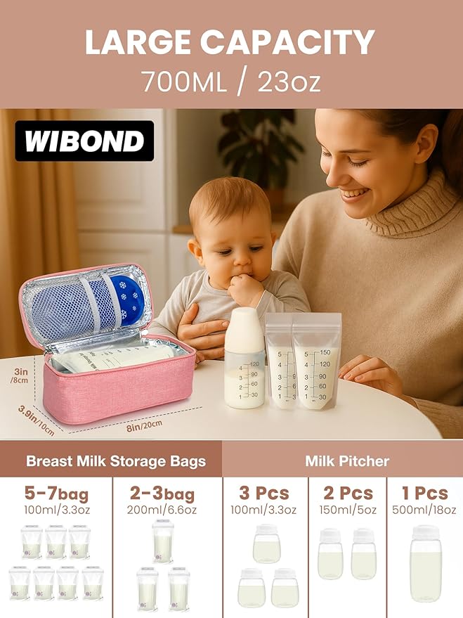 Breast Milk Cooler Travel Bag, Real-Time Temperature Display, Holds 4-6 Breastmilk Storage Bag with 2 Breast Milk Ice Pack, Cooling & Waterproof Portable Cooler for Moms on the Go(Pink)