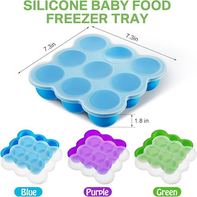 CHENGU 4 Pack Baby Food Storage Containers 9 Cup Silicone Baby Food Freezer Tray with Lid Stackable Reusable Freezer Storage Tray for Ice Breast Milk Homemade Food Vegetable (Blue, Purple, Green)