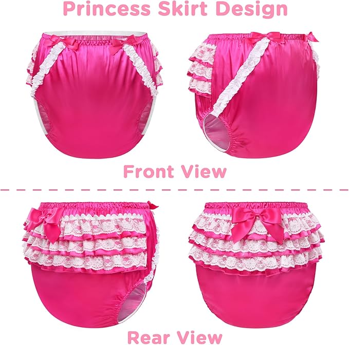 Littleforbig Washable Ruffled Lace Bow Pretty in Rose Satin Over Diaper Cover M
