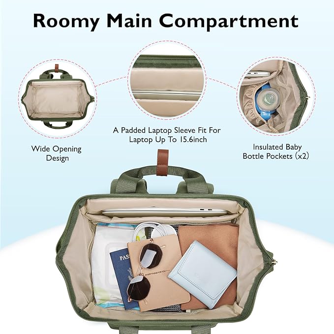 mommore Breast Pump Backpack for Spectra S1,S2 Medela Large Diaper Backpack for Working Moms with 15.6 inch Laptop Sleeve, Green