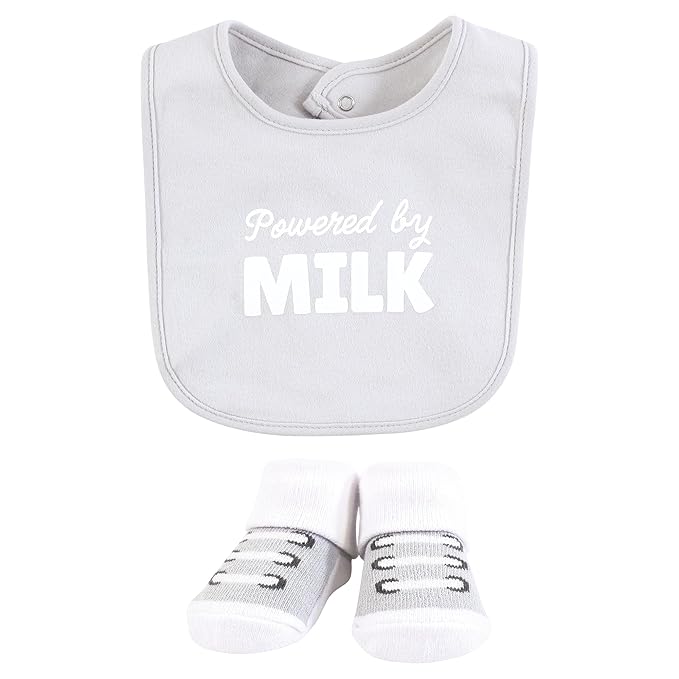 Hudson Baby Unisex Baby Cotton Bib and Sock Set, Powered By Milk, One Size