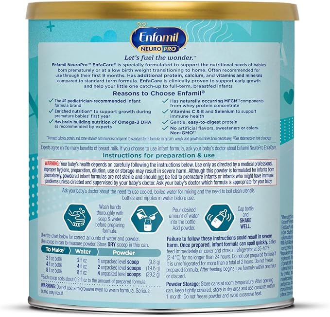 Enfamil NeuroPro EnfaCare High Cal Premature Baby Formula Milk-Based with Iron, Brain-Building DHA, Vitamins & Minerals for Immune Health, Powder Can, 13.6 Oz (6 Count)