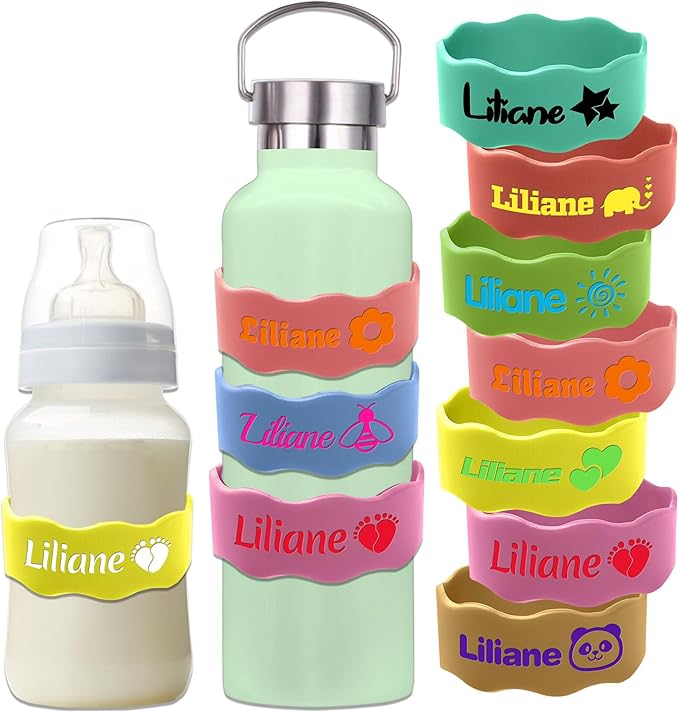 Custom Baby Bottle Labels for Daycare Silicone Water Bottle Name Bands Personalized Reusable Baby Bottle Straps for Kids Cups School(Yellow)