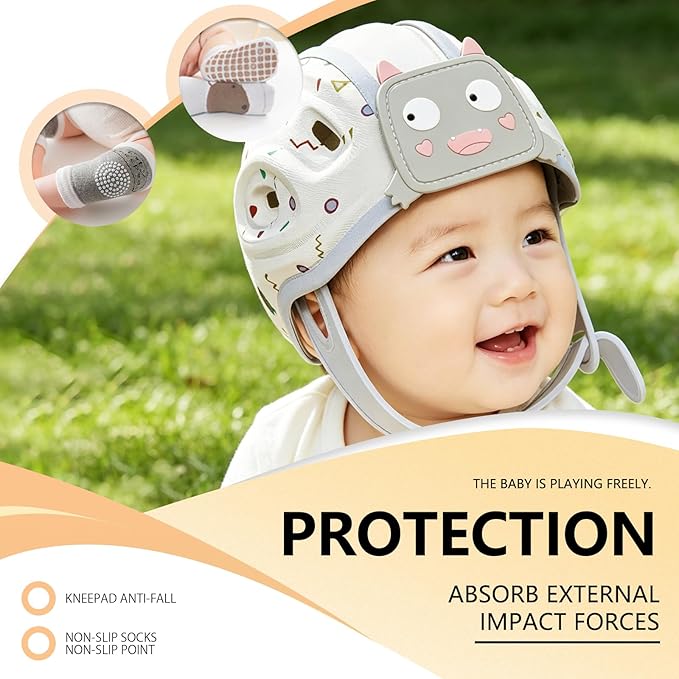 Baby Head Protection Helmet - Ultra-Light, Soft, Adjustable, Suitable for Babies 6-24 Months with Knee Pads & Non-Slip Socks Set