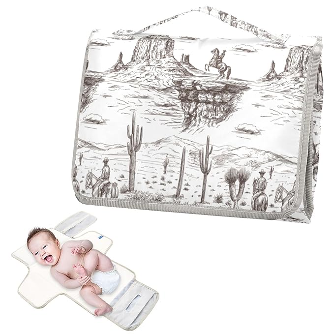 Cowboys Portable Diaper Changing Pad with Wipes Holder, Western Desert Foldable Baby Diaper Changer Travel Bag Southwest Cowboy Baby Changing Mat with Built-in Pillow for Newborn