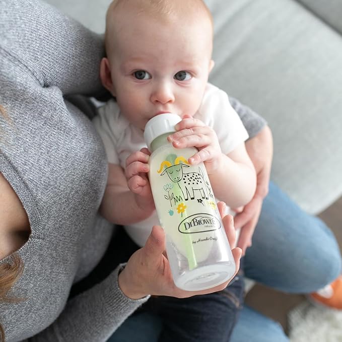Dr. Brown's Natural Flow Anti-Colic Options+ Narrow Baby Bottle, Squirrel & Goat, 8 oz/250 mL, with Level 1 Slow Flow Nipple, BPA free, 0m+, 2-Pack and Preemie Flow 6-Pack Nipples