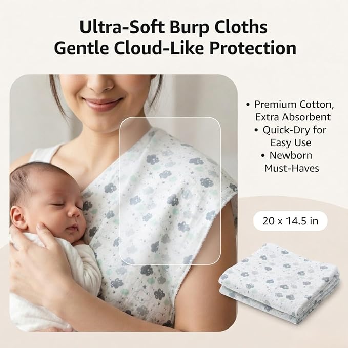 EVERYDAY KIDS 12 Pack Burp Cloths for Baby Boys and Girls - Sheeps, Clouds and Stars