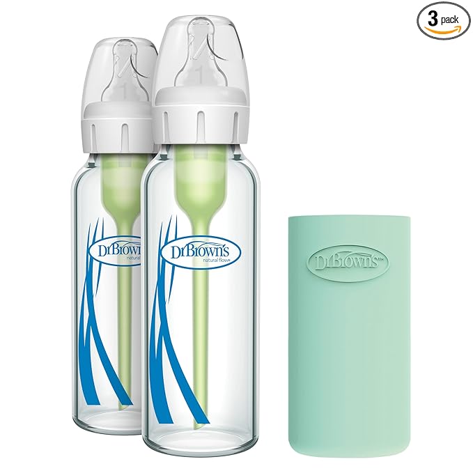 Dr. Brown's Anti-Colic Options+ Narrow Glass Baby Bottle with Level 1 Slow Flow Nipple, BPA-Free, 8 oz/250 mL, 0m+, 2-Pack + Mint Bottle Sleeve