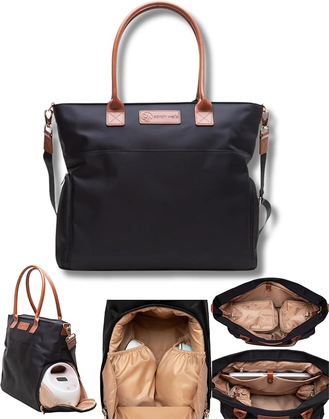 Sarah Wells Abby Breast Pump Tote with Real Leather Straps – Stylish Pumping Bag with Insulated Pockets, Laptop Storage & Easy-Clean Interior – Professional Breast Pump Bag for Work & Travel (Black)
