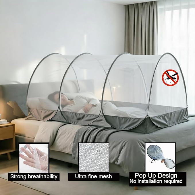 CMINGJ Portable Mosquito Net, Foldable Pop-Up Travel Bed Net, Free Installation Mosquito Tent, for Adults Bedroom Camping Nap Patio L78 x W39 x H35 inch (Single Door with Netting Bottom & Gray Edge)