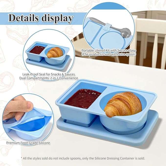 Gute Silicone Reusable Snack Containers with Lids, Small Mini Double Compartment Sauce Cups for Salad Dressing, Lunch, Travel, Gym - 2 Pack(Blue)