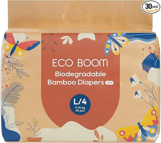 ECO BOOM Bamboo Viscose Baby Diapers, Size 4, 30 Count, Soft & Absorbent Disposable Diapers for Sensitive Skin, Breathable Leak Protection, Eco-Friendly Paper Packaging