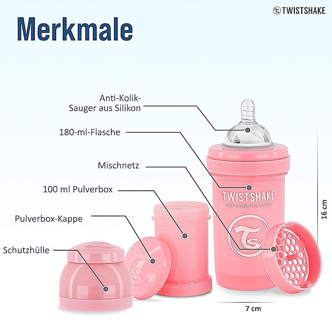 Twistshake Anti-Colic Baby Bottle with Powder Container and Mixer - 180ml | Fast Flow Silicone Breast-Like Nipple | BPA- Free Baby Milk Bottle | Comfort Feeding Experience for Babies (Pastel Pink)