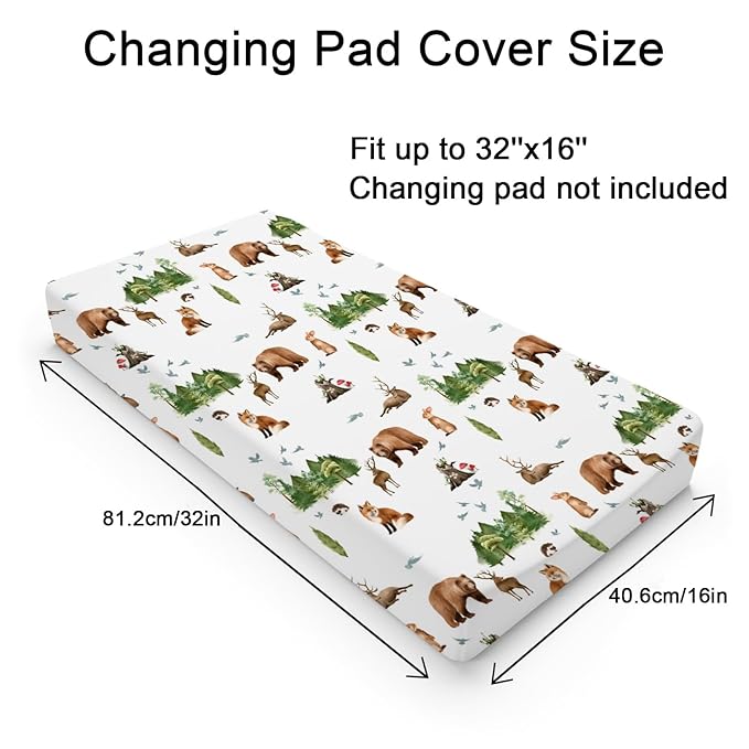 Cartoon Animals Baby Changing Pad Covers Cute Bear Deer Hedgehog Rabbit Birds Trees Mountain Diaper Change Table Pad Cover for Boys Girls Soft Stretchy Fitted Changing Mat Sheets 32''x16''