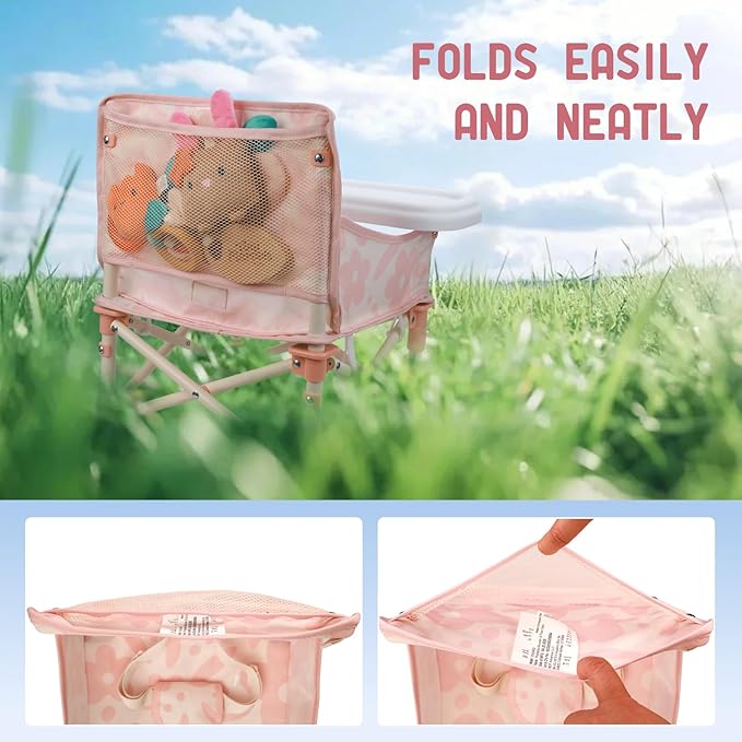 Tiny Marvels 3-in-1 Portable Baby Chair, Foldable Booster Seat with Removable Tray, Safety Harness & Carry Bag for Dining, Travel, Camping, Beach, 6M-3Y (Blush Bloom)