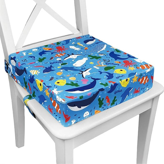 Toddler Booster Seat for Dining Table & Kitchen Chairs - Premium Foam with Non-Slip Bottom & Double Adjustable Straps, Safety Certified, Portable Travel &Easy to Clean (Blue-Ocean)