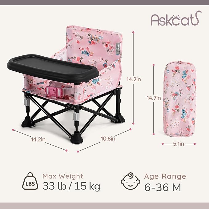 Booster Seat for Kitchen Chair with Removable Tray, Portable Foldable Baby Chair for Babies 6-36 Months, Indoor Outdoor Toddler Camping Chair (Pink Floral Design)