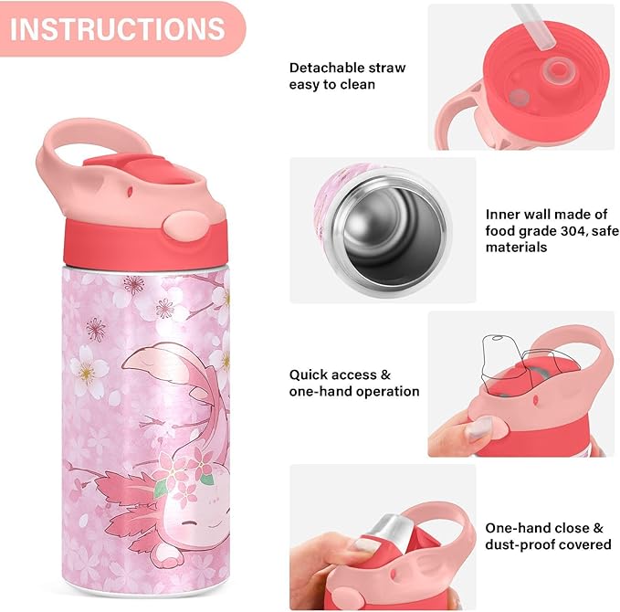 Ice Cream Insulated Water Bottle 20 oz with Straw and Carry Handle Pink Purple Candy Cone Boys Girls Thermos Bottle Vacuum Stainless Steel Bottles Leak-Proof for Sports Travel and School