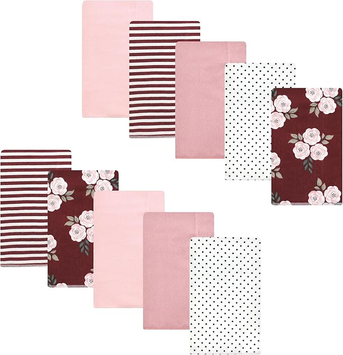 Luvable Friends Hudson Baby Flannel Burp Cloths 10pk, Burgundy Flower