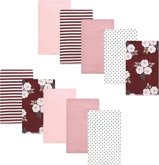 Luvable Friends Hudson Baby Flannel Burp Cloths 10pk, Burgundy Flower