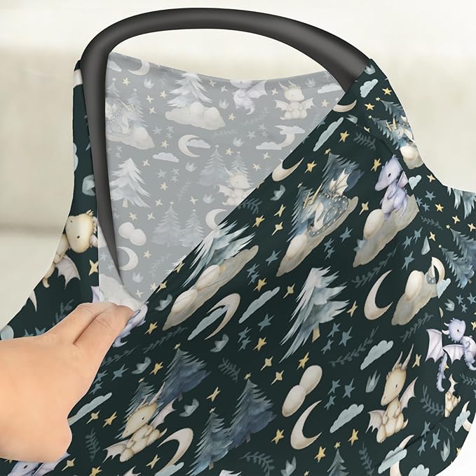 Fairytale Dragons Car Seat Cover for Babies Cute Dragon Moon Stars Clouds Trees Eggs Stretchy 5-in-1 Cover Adjustable Car Canopy Breastfeeding Cover Fantasy Animal Breathable Nursing Cover-Up